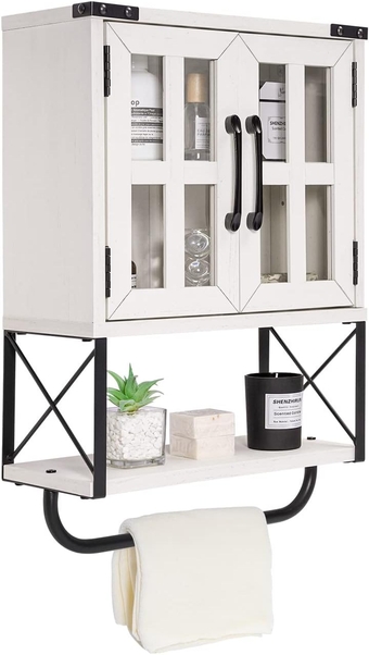 Farmhouse Medicine Cabinet with Cross Glass Doors, Wood Wall Storage Cabinet, 3-Tier Rustic Bathroom Cabinet with Adjustable Shelves and Towel Bar for Living Room(Vintage White, Small)