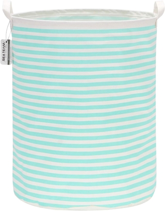 19.7 Inches Large Sized Waterproof Coating Ramie Cotton Fabric Folding Laundry Hamper Bucket Cylindric Burlap Canvas Storage Basket (19.7", Stripe/Mint)