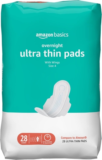 Ultra Thin Pads with Flexi-Wings for Periods, Overnight Absorbency, Unscented, Size 4, 28 Count, 1 Pack (Previously Solimo)