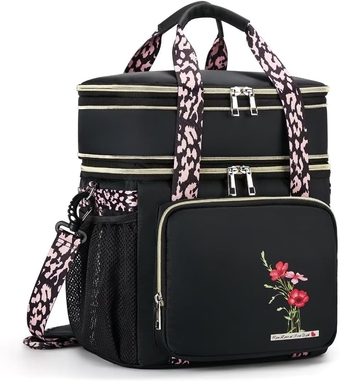 Insulated Lunch Bag for Women, Dual Compartment Waterproof Reusable Large Lunch Box for Women Wide-Open Tote Cooler Bag For Working Picnic Hiking (16L, Black-Flowers)