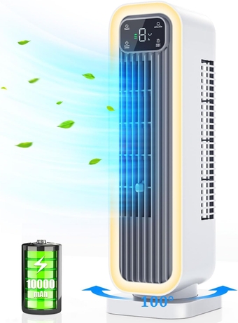 Desk Fan, 14.6 Inch Oscillating Office Fan, 10000mAh Battery Operated Small Quiet Fan with 3 Speeds, 8H Timer and Night Light, Desk Tower Fan for Bedroom Office Home Desktop White