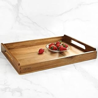 Acacia Wood Serving Tray with Handles 16.5 Inches, Decorative Serving Food Drinks Trays Platter for Breakfast in Be...