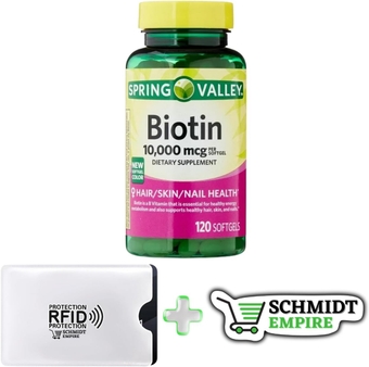 Spring Valley Biotin Hair/Skin/Nails Health Dietary Supplement Softgels, 10,000 mcg, 120 Count + 1 Card Protector SchmiidtEmpire + Sticker (Pack 1)