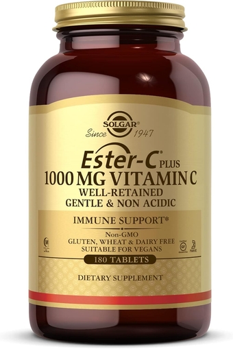 Ester-C Plus 1000 mg Vitamin C (Ascorbate Complex) - 180 Tablets - Gentle & Non Acidic - Supports Upper Respiratory Health - Non-GMO, Gluten Free - 180 Servings