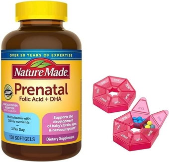 Nature Made Prenatal + DHA, 200mg Softgels (150 ct.) Vitamin and Mineral Supplement for Daily Nutritional Support 150 Softgels, 150 Day Includes Weekly Pill case