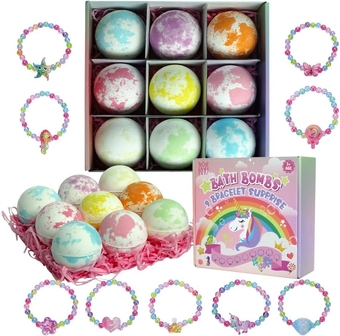 Bath Bombs for Kids Girls,  Surprise Bracelet Inside 9 Pcs Natural Organic Fizzy Unicorn Bathbombs, Princess Fun Bubble Kit Bath Bomb, Easter Basket Stuffers Girls, Multicolor