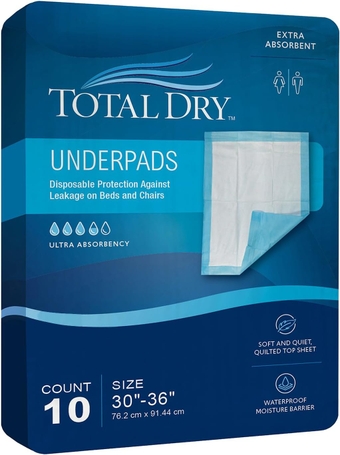 TotalDry Disposable Underpads - Incontinence Bed Pads – FSA HSA Approved Extra Absorbent Waterproof Mattress Protector – Soft and Quiet Pads for Pet Training, Leak-Proof (30X36 Inches - 10 Count)