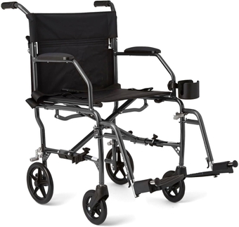 Ultra Lightweight Transport Wheelchair for Adults, Foldable, 19-Inch Seat Width, Silver Frame, Black Upholstery