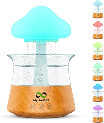 Rain Cloud Humidifier w Mushroom Night Light - Serene Oasis, Raindrop Humidifier w Snuggling Cloud Rain Diffuser, Rain Sounds for Sleeping, Waterfall Lamp, 7 Changing Colors Night Light Aromatherapy