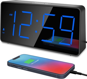 Digital Clock, Alarm Clock for Bedrooms - Large Big Numbers 5 Dimmers for Seniors, Battery Backup Loud Alarm Clock with USB Charger Port (Blue Digit)