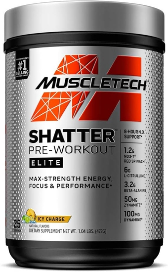 Pre Workout for Men & Women |  Shatter Elite Pre-Workout | Preworkout Energy Powder | 8 Hour Nitric Oxide Booster + Beta Alanine | Focus + Strength | 350mg Caffeine | Icy Charge, 25 Servings