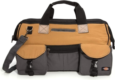 18-Inch Durable Canvas Work Bag for Painters, Carpenters, and Builders, Heavy-Duty Zipper, Reinforced Handles, Exterior Pockets, Shoulder Strap, Tan/Grey
