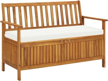 Wooden Outdoor Patio Bench with Storage and Cream Cushion, Solid Acacia Wood Outdoor Garden Backyard Storage Bench for Patio Furniture, Front Porch Decor and Outdoor Seating 47.2"x24.8"x33.1" -AA