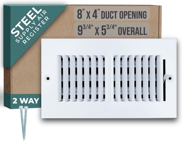 8"W x 4"H [Duct Opening Size] 2 Way Steel Air Supply Diffuser | Register Vent Cover Grill for Sidewall and Ceiling | White | Outer Dimensions: 9.75"W X 5.75"H for 8x4 Duct Opening
