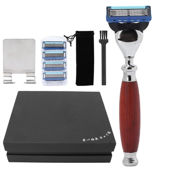 Manual Razor, Men's Manual Razor Set 5 Layers Blade Wooden Handle 4 Refills Reusable Beard Shaving Razors