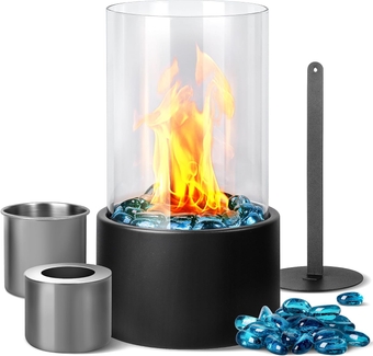 Small Tabletop Fire Pit Bowl with Glass, Mini Portable Table Top Rubbing Alcohol Fireplace Indoor, Smokeless Clean Burning Bio Ethanol for S'Mores/Apartment/Personal Flame/Outdoor/Patio/Black