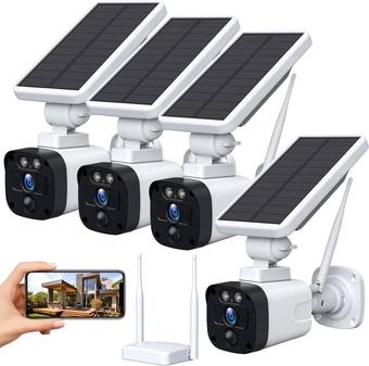 4MP Solar Wireless Security Camera System Outdoor 4 Pack, Solar Camera Security Outdoor Set (with Base Station & 4 Solar Cameras) Night Vision PIR Motion Detectioin 2-Way Talk IP65 Waterproof