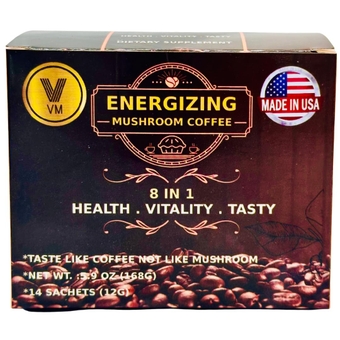 Energizing Mushroom Coffee-Reishi with Ginseng & Carbo Mix-Instant coffee.Natural Ganoderma With Instant Cafe.Dietary supplement.8-in-1 Mushroom Coffee.Mix coffee organic classic.Made in USA.(14)S