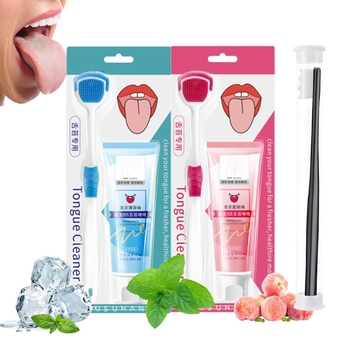Tongue Coating Cleaning Gel, Probiotic Tongue Cleaning Gel Set, Tongue Cleansing Gel with Brush Silicone Scraper, Oral Hygiene Brush & Tongue Cleansing Gel (Mint+Peach)