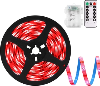 LED Strip Lights Battery Powered, 90 LED Red 2835 SMD Strip Lights 9.8 Ft Cuttable Self-Adhesive Strip Lights with Remote Timer for Outdoor Indoor Party Bedroom Decoration