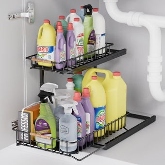 Under Bathroom Sink Organizer and Storage, 2 Tier Metal Pull Out Shelf for Kitchen Cabinet with Sliding Drawer Organization Black
