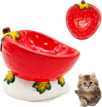 Ceramic Raised Cat Bowls,15° Tilted Elevated Kitten Food Water Bowl Shallow Whisker Fatigue Kitty Dish Fruit Pet Feeding Bowls Feeder for Indoor Cats Small Dog-Strawberry
