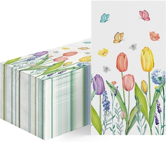 100 Spring Disposable Paper Decorative Guest Napkins, Colorful Tulips Butterflies for Party Lunch Dinner Kitchen Bathroom
