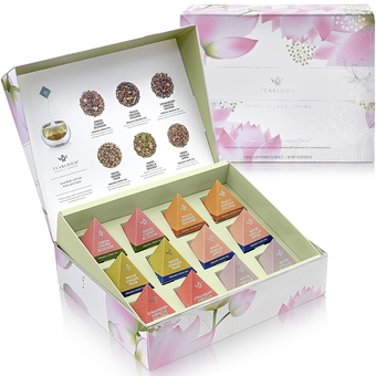 Organic Sacred Lotus Pyramid Tea Presentation Box, 12 Assorted USDA Certified Organic Whole-Leaf Pyramid Tea Sachets, Green Tea, Oolong tea, White tea