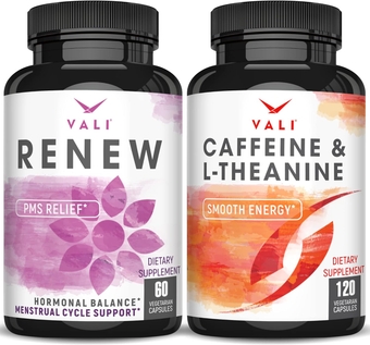Renew PMS Caffeine & L-Theanine Bundle - PMS Relief Supplement for Women’s Menstrual Cycle Vitamins & Herbal Support and Smart Smooth Focused Energy Cognitive Nootropic Supplement