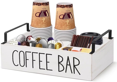 Coffee Station Organizer, Wooden Coffee Bar Accessories Organizer for Countertop, Farmhouse K Cup Coffee Pod Holder with Handle, Rustic Retro Storage Bin for Coffee Tea Bag (White)