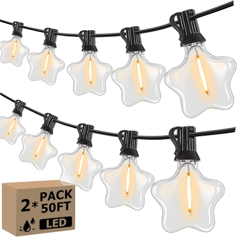 100FT Outdoor String Lights LED Patio Lights Outside Waterproof Star String Lights w/ 52 Dimmable Edison Bulbs(2 Spare), Connectable Hanging Lights for Backyard Porch Christmas Party, Black(50FT*2)