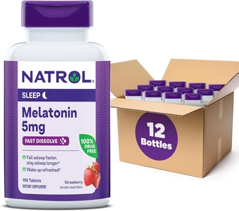 Sleep Melatonin 5mg Fast Dissolve Tablets, Nighttime Sleep Aid for Adults, 150 Strawberry-Flavored Melatonin Tablets, 150 Day Supply (Pack of 12)