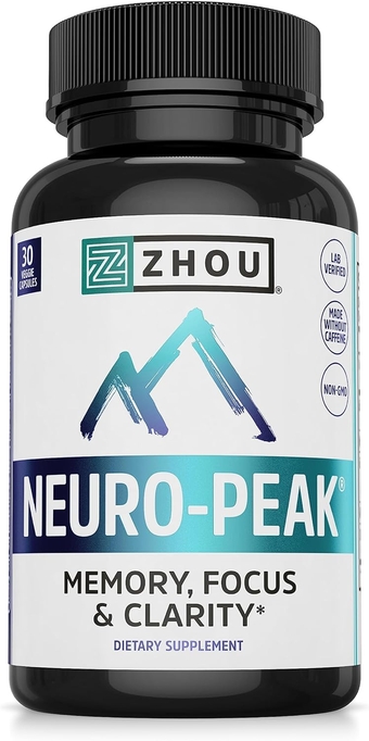 Zhou Neuro Peak Brain Support Supplement | Memory, Focus & Clarity Formula | DMAE, Rhodiola Rosea, Bacopa Monnieri, Ginkgo Biloba & More | 30 VegCaps