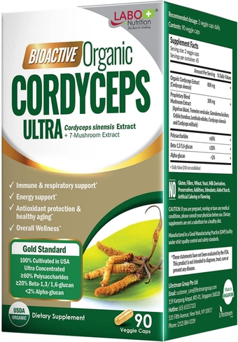 Bioactive Organic Cordyceps Ultra – 8 Medicinal Mushroom Supplement, Cordyceps, Reishi, Turkey Tail, Maitake, Agaricus blazei, Shiitake, for Immunity, Energy, Stamina, No Fillers