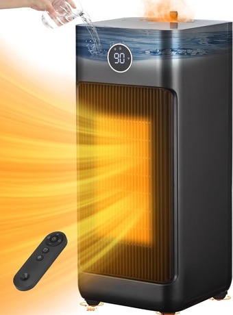 23" Space Heater with Humidifier, 1500W Portable Electric Heater for Large Room, Ceramic Heater with Wheels, Thermostat, Remote, 12H Timer, Overheat&Tip-Over Protection for Bedroom, Indoor Use