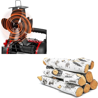 4 Blade Heat Powered Stove Fan and 7pcs Faux Ceramic White Birch Wood Firepit Gas Logs for Buddy Heater/Mr. heater/Wood Burning Stove/Pellet/Log Burner