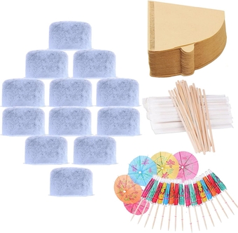 12 Pack Charcoal Water Filters Replacement Compatible With Keurig 2.0 and 1.0 Coffee Maker | 100 Count Disposable Coffee Filter Paper | 120 PCS Wood Coffee Stir Sticks | 20 Count Umbrella Drink Picks