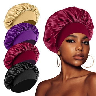 4PCS Satin Silk Bonnets for Black Women Men, Hair Bonnets for Sleeping Curly Natural Hair, Elastic Wide Band Hair Bonnet Shower Cap(Black & Purple & Wine Red & Brown）
