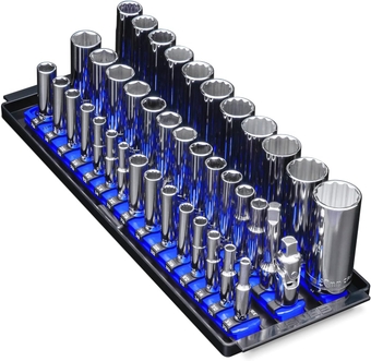 8491 Socket Boss Multi-Drive Socket Organizer Tray with 13” Socket Rails, Blue – Drive Socket Storage Tray and Organization System for the Automotive Service Technician’s Toolbox