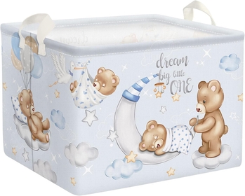 Lovely Sleeping Bear Balloons Shelf Basket for Kids Room Clouds Stars Moon Blue Rectangle Clothes Toys Cube Storage Basket, 36L