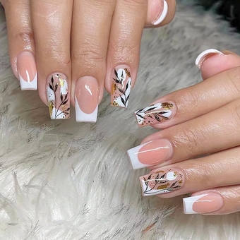 Medium Length Press on Nails Square Fake Nails White French Tips Acrylic Nails with Gold Foil Leaf Pattern Full Cover Designs Artificial Pink False Nails Glue on Nails for Women and Girls 24 Pcs