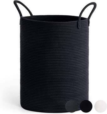 Black Woven Rope Laundry Basket, Tall Modern Laundry Hamper for Clothes, Blankets, Toys, Towels, Pillows, Laundry Bin for Living Room, Bedroom, Entryway, 15 x 20 inches, 58L