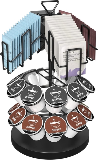 Coffee Pod & Tea Bag Organizer Carousel Stand, K Cup Holder, Organizes 20 K-cups for Keurig and 60 Tea Bags - Coffee Bar Accessory for Kitchen Office, Countertop or Coffee Station Storage, Black