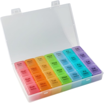 Portable Pill Organiser Large Capacity 7 Day Supply 28 Compartment Box Moisture Resistant Transparent Medicine Dispensing for Medication/Vitamins/Fish Oils/Supplements
