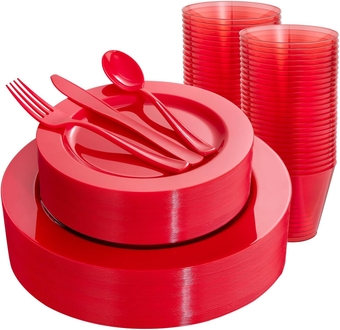 150 Pieces Red Plastic Plates Disposable - Red Dinnerware Set Include 25Dinner Plates 25Salad Plates 25Forks 25Knives 25Spoons 25Clear Red Cups for Christmas Parties