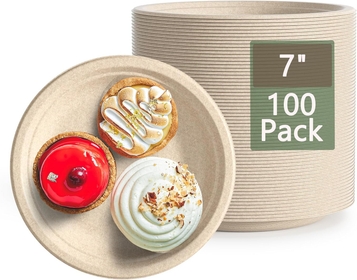 [100PCS] 7 Inch Paper Plates Disposable Party Plates Heavy Duty Compostable Plates Eco-friendly Sugarcane Bagasse Biodegradable Plates for Cake,Dessert Party Dinner Birthday