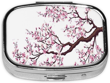Cherry Blossoms Tree Printed Square 2 Compartment Small Pill Box, Portable Pill Box, Daily Travel Pill Box for Vitamins and Fish Oil