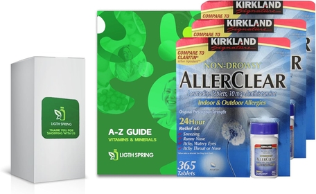 Kirkland Signature AllerClear Non-Drowsy Loratadine Tablets 10mg Antihistamine, 365 Count (3 Pack) with Exclusive Vitamins & Minerals - A to Z - Better Guide (4 Items)