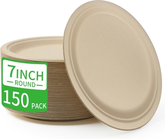 Paper Plates 7 Inch Heavy Duty - Disposable Paper Plates -Composable Large Paper Plates Bulk Eco-Friendly Unbleached-Everyday Use Parties Commercial Settings 150 Count