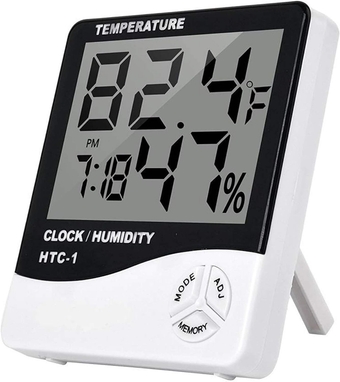 HTC-1 Digital Humidity Meter Hygrometer Thermometer with Large LCD Display Temperature Alarm Clock with Wall Mounting and Inbuilt Sensor. (Black & White)